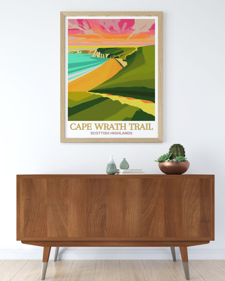 Cape Wrath Art Print features the stunning coastline and wild landscapes of Sandwood Bay, offering a view of Scotlands natural wonders. This art print makes an excellent gift for hikers, travelers, and anyone who loves the great outdoors.