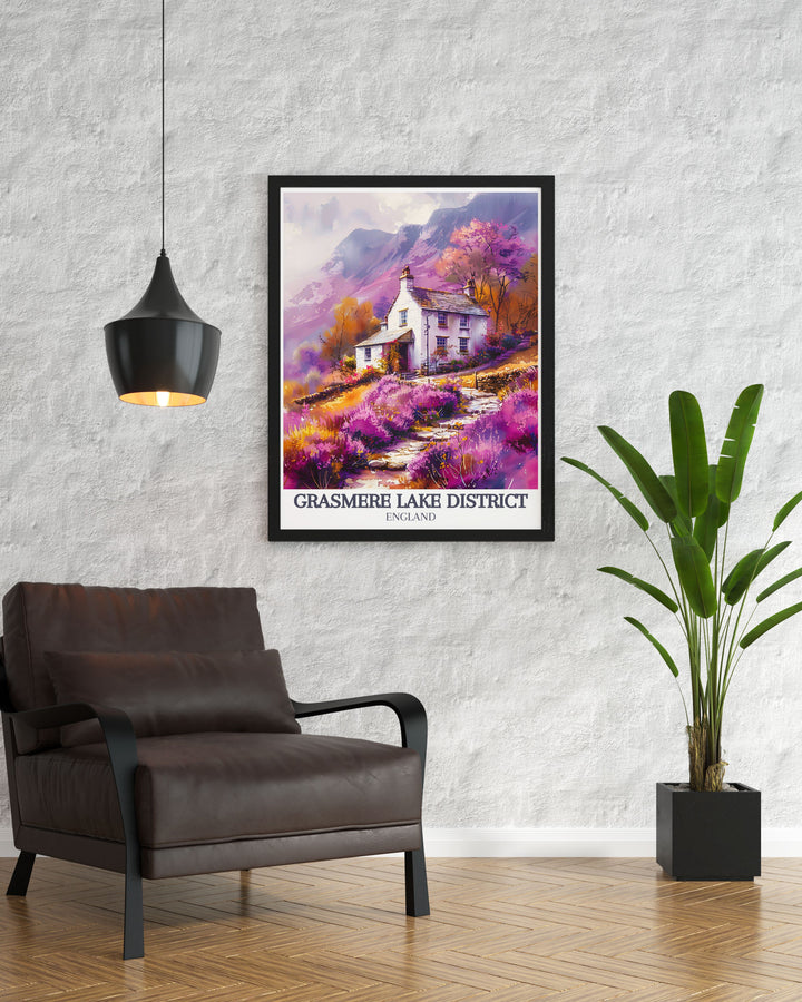 Featuring a serene illustration of Grasmere Lake in the Lake District, England, this travel poster captures the tranquil waters and surrounding greenery, ideal for adding a touch of natural beauty to your home decor.