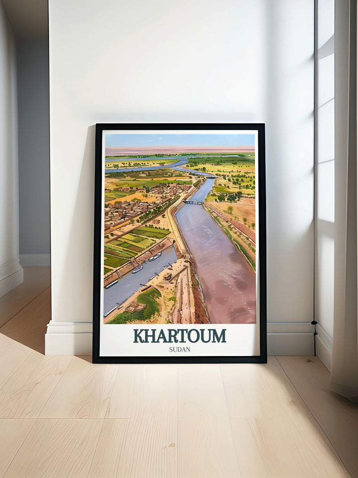 Khartoum travel poster featuring the vibrant city center and the Nile River Confluence Tuti Island ideal for elegant home decor