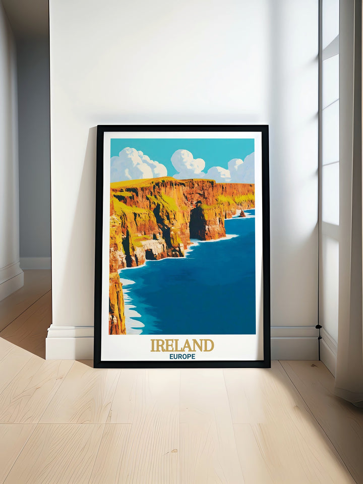 This Ireland poster print captures the breathtaking Cliffs of Moher and the timeless beauty of Dublins architecture. Ideal for home decor or as a travel inspired gift.