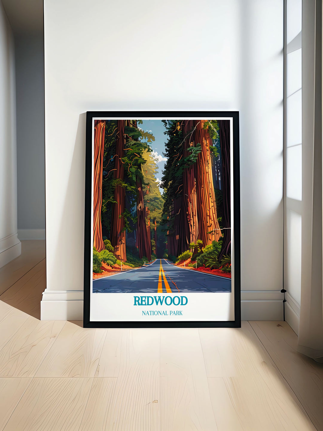 Avenue of the Giants artwork featuring majestic redwood trees perfect for enhancing any living space with California decor