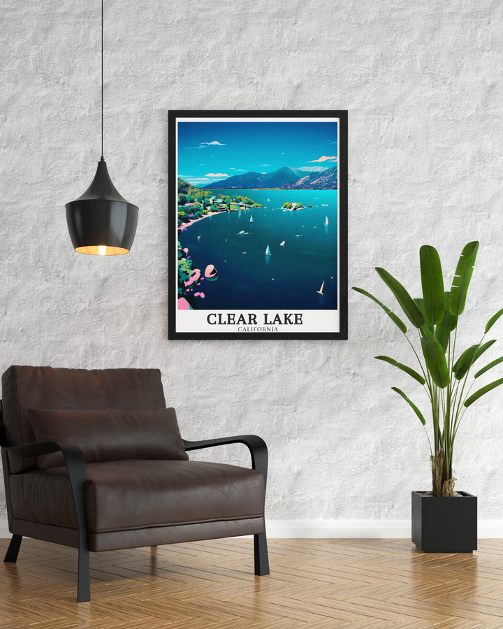 Clearlake Oaks is captured in this colorful travel poster, blending the tranquility of the lake with the vibrant atmosphere of the town. A great gift for anyone who enjoys exploring Californias hidden gems.