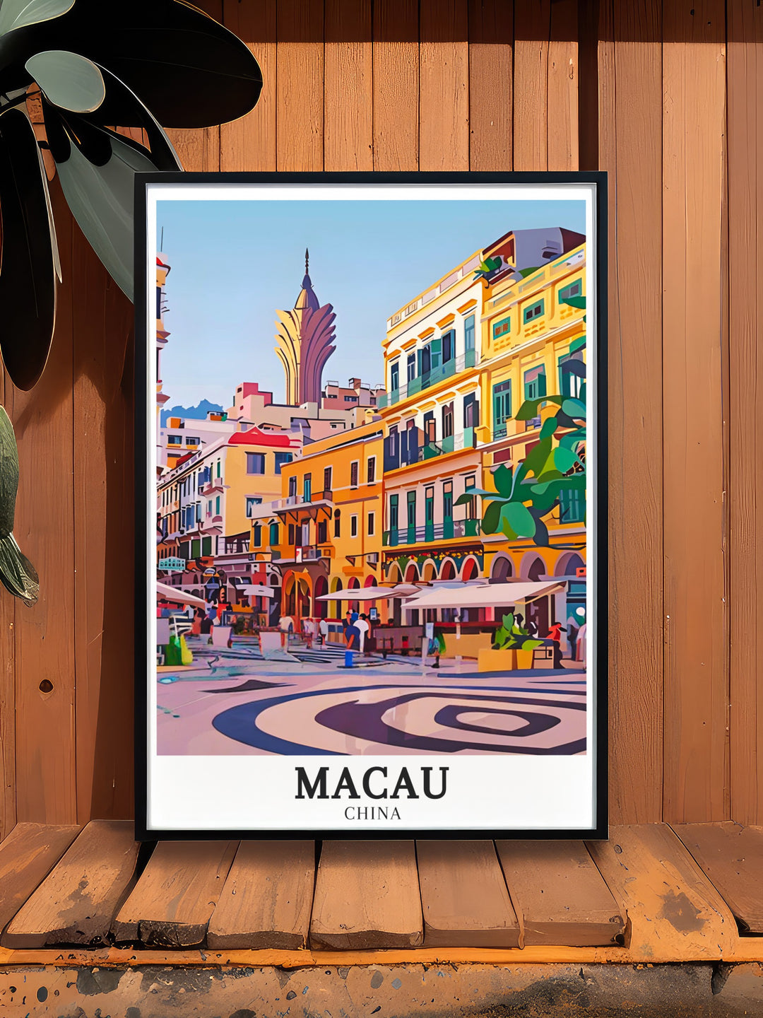 The iconic Senado Square Se landmarks are showcased in this beautiful Macau Travel Poster Print Ideal for home decor or as a special gift this artwork captures the rich history and elegance of one of Macaus most famous areas