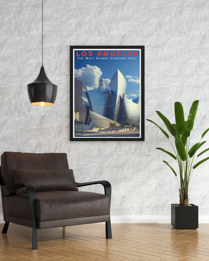Showcasing both Los Angeles and the Walt Disney Concert Hall, this travel poster captures the unique blend of city excitement and architectural excellence, perfect for enhancing your living space with urban elegance.