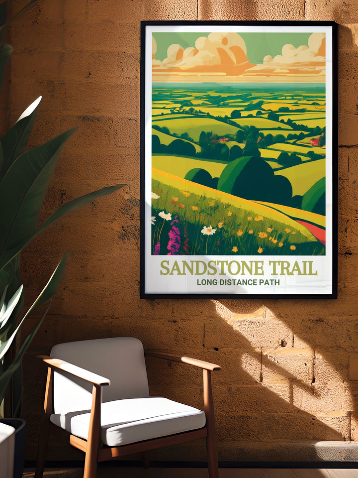 Sandstone Trail travel poster featuring the long distance hiking trail with its diverse landscapes and scenic beauty. This print captures the essence of one of Cheshires most popular hiking destinations, perfect for nature lovers and outdoor enthusiasts. A timeless piece for home decor celebrating Europe.