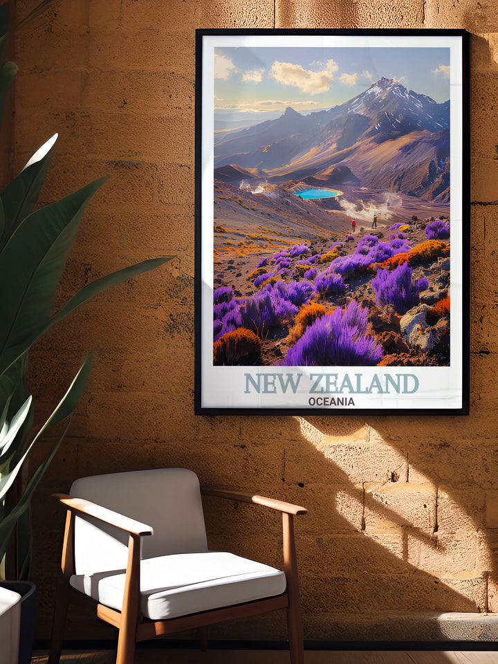 National park poster featuring Tongariro National Park and Akaroa Lighthouse offering a stunning visual of New Zealands natural wonders perfect for wall art enthusiasts and travelers who want to celebrate their love for New Zealand.