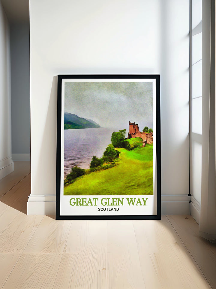 Loch Ness modern prints featuring the serene landscapes of the Scottish Highlands and Great Glen Way perfect for those seeking a unique addition to their home decor that highlights National Park prints and Scotland Great Trail with stunning scenic views