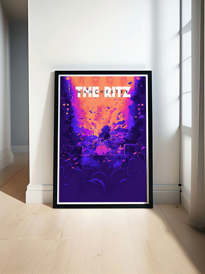 The stage of The Ritz Manchester is the centerpiece of this art deco travel print. With its retro design and vibrant color palette, this poster celebrates the venues historic performances and is ideal for anyone who loves music and art.