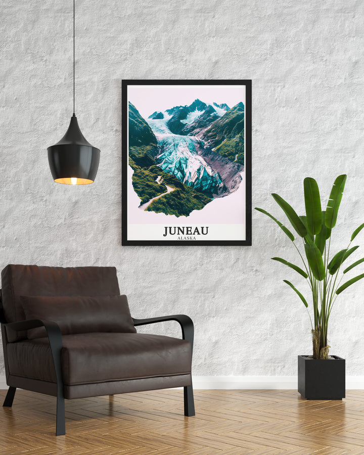 Mendenhall Glacier travel poster illustrating the iconic views of Juneaus glacier and valley. The artwork reflects Alaskas natural charm and is perfect for anyone who loves adventure, travel, or the peaceful serenity of natures wonders.