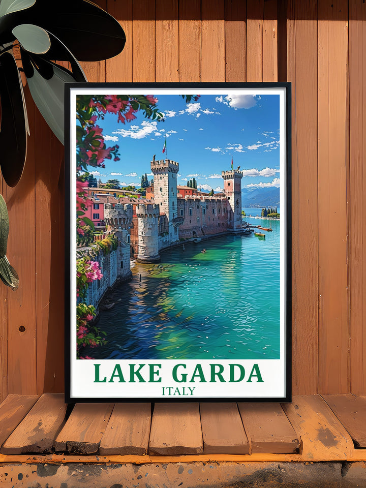 This Lake Garda travel print depicts the timeless beauty of Italys largest lake and the historical town of Sirmione, making it a must have for any art collection or home décor. Ideal for gift giving.