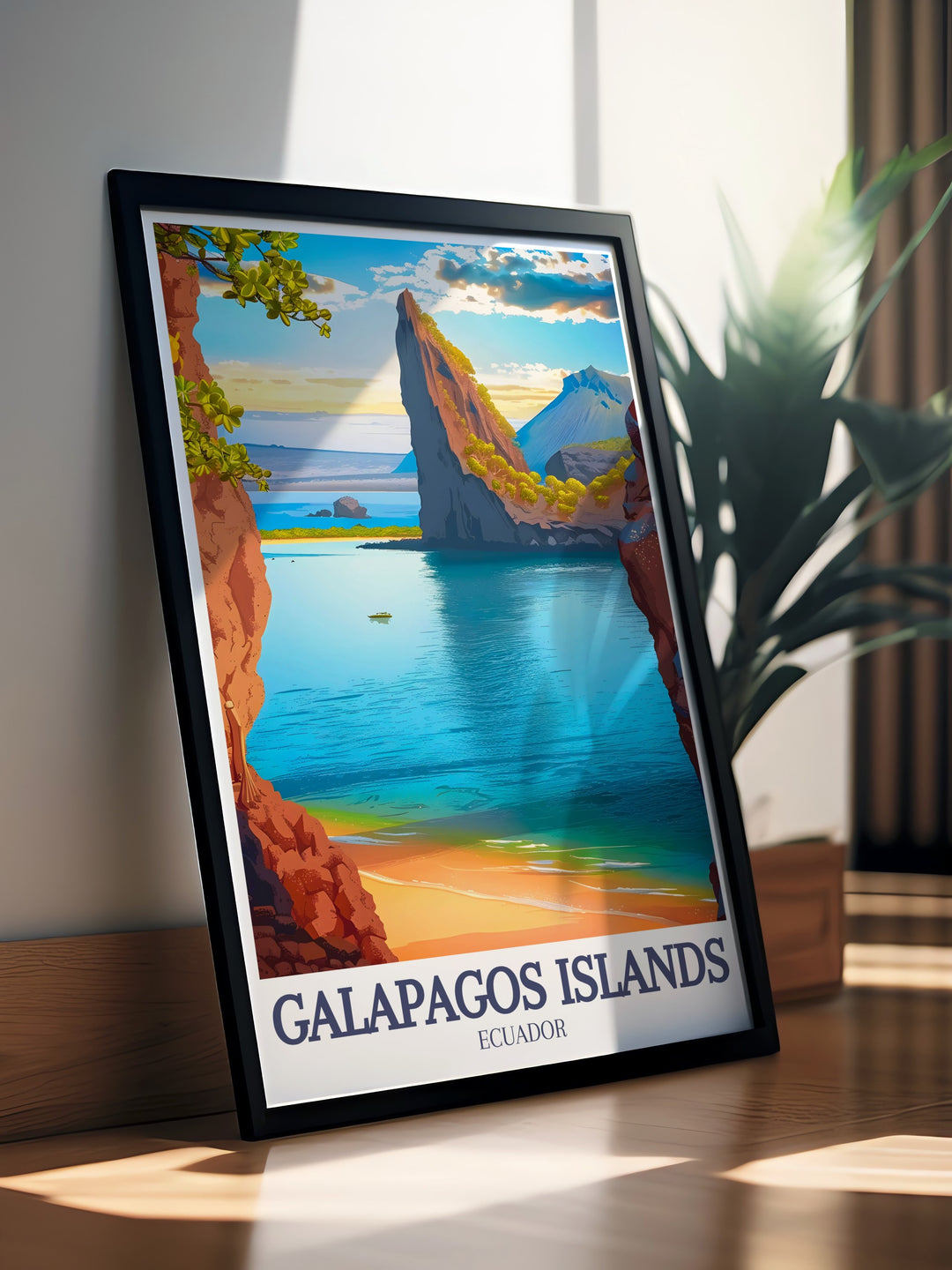 Galapagos Islands poster featuring Pinnacle Rock and Bartolomé Island, capturing Ecuadors stunning natural landscapes. This travel print showcases the iconic volcanic formations and crystal clear waters of the Galapagos, perfect for home decor or a thoughtful travel inspired gift.