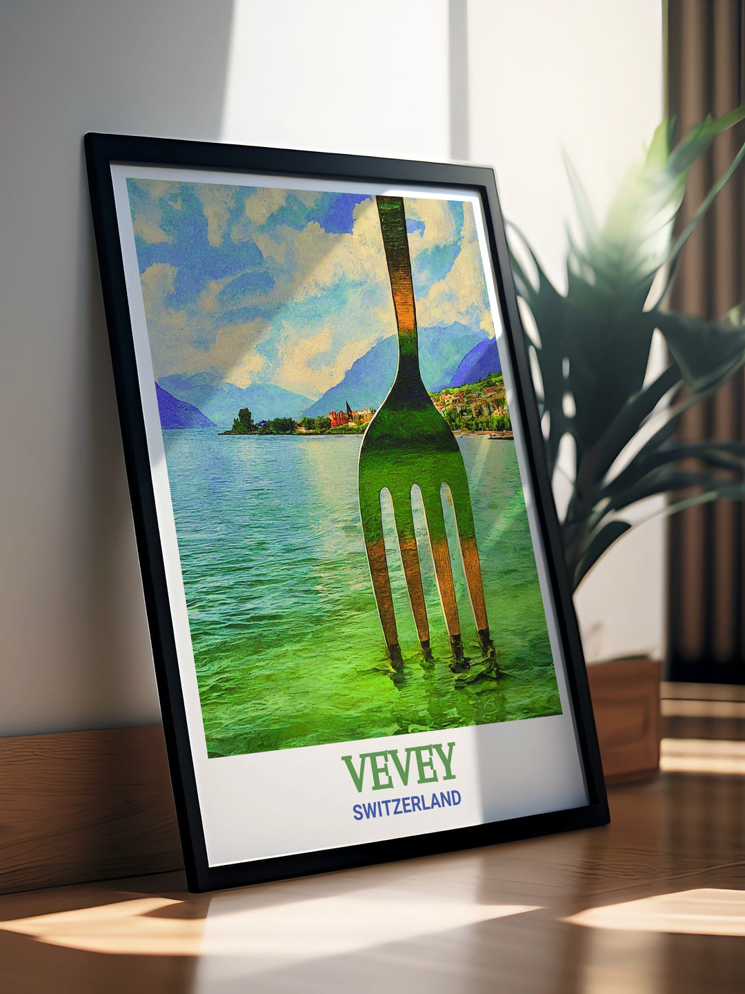 Vevey framed art featuring the iconic Fork of Vevey sculpture rising from the lake. This vintage style poster is a beautiful representation of Swiss creativity and a must have for any Switzerland wall art collection.