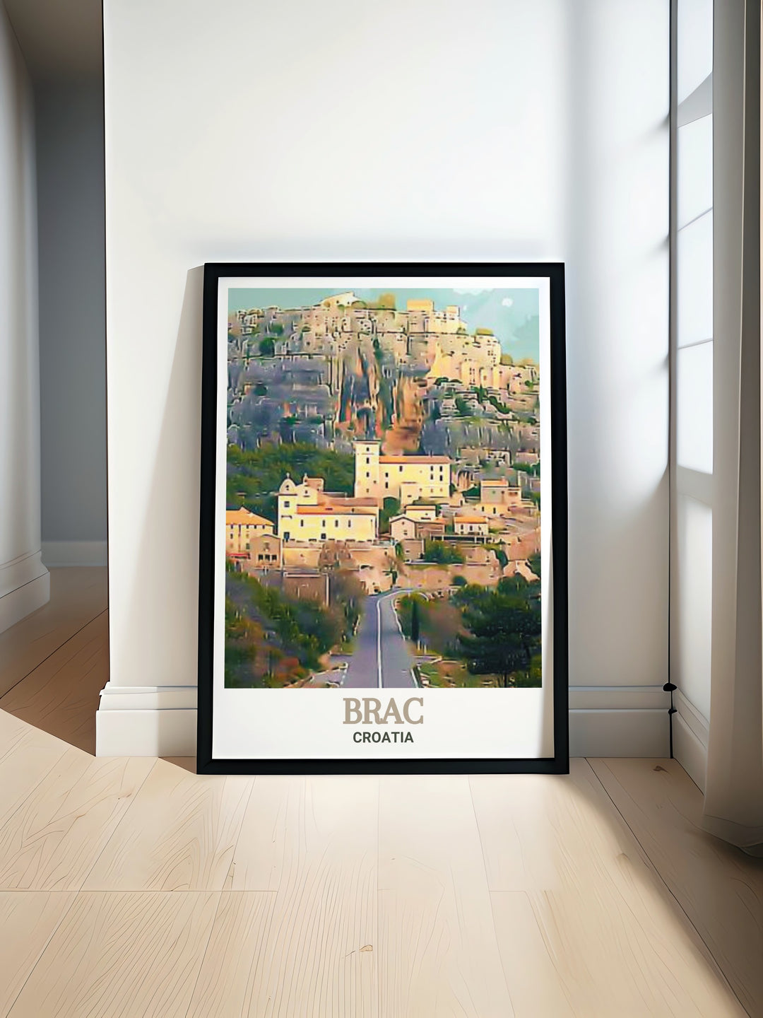 This Brac artwork features Blaca Hermitage, a hidden treasure on the Croatian island of Brac. The detailed print highlights the architectural marvel of the hermitage, blending seamlessly into the cliffs, creating a harmonious and peaceful scene