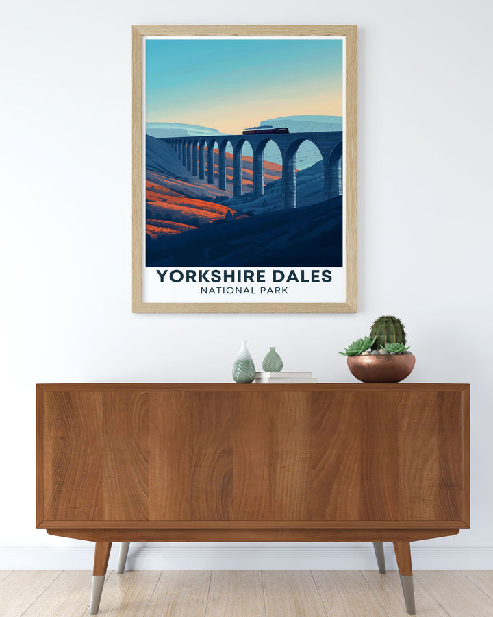 Enhance your living space with this Ribblehead Viaduct vintage print showcasing the breathtaking scenery of the Yorkshire Dales perfect for those who appreciate the blend of natural beauty and engineering marvels.