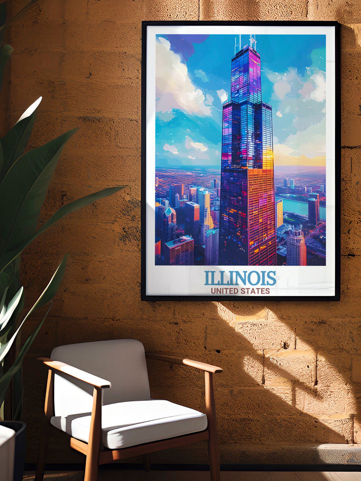 A vibrant Chicago travel poster showcasing Willis Tower, one of the most iconic buildings in the world. This piece is ideal for adding a touch of urban elegance to any room, blending a rich color palette with modern architectural details.