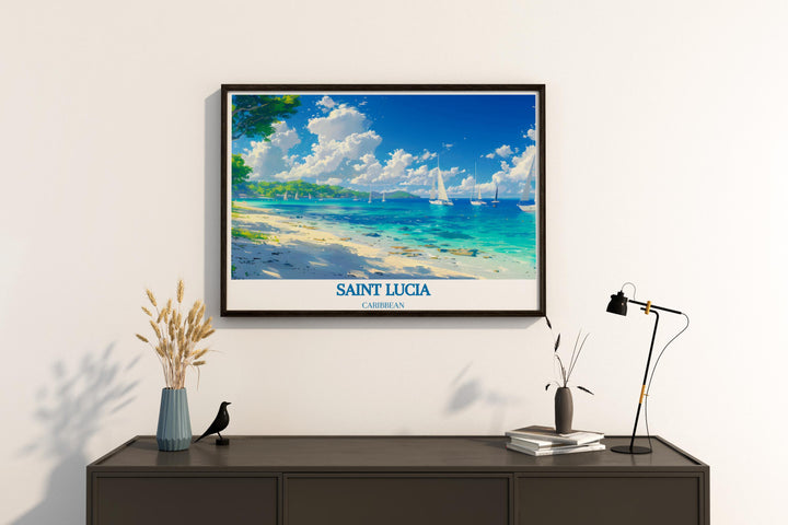 Marigot Bay Modern Prints from Saint Lucia offer elegant home decor perfect for creating a tropical atmosphere these stunning prints capture the tranquil beauty of Marigot Bay adding a touch of Caribbean charm to any room and making them perfect for gifts