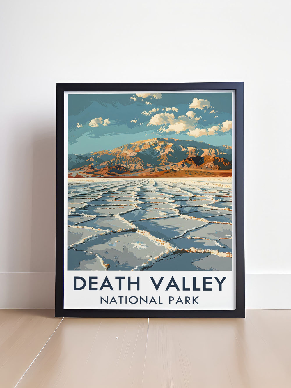 Badwater Basin Print showcases the dramatic desert landscape, including the salt flats and rugged terrain of Death Valley National Park. This framed art is a wonderful way to celebrate Californias natural beauty and adds a touch of the wild to your home.