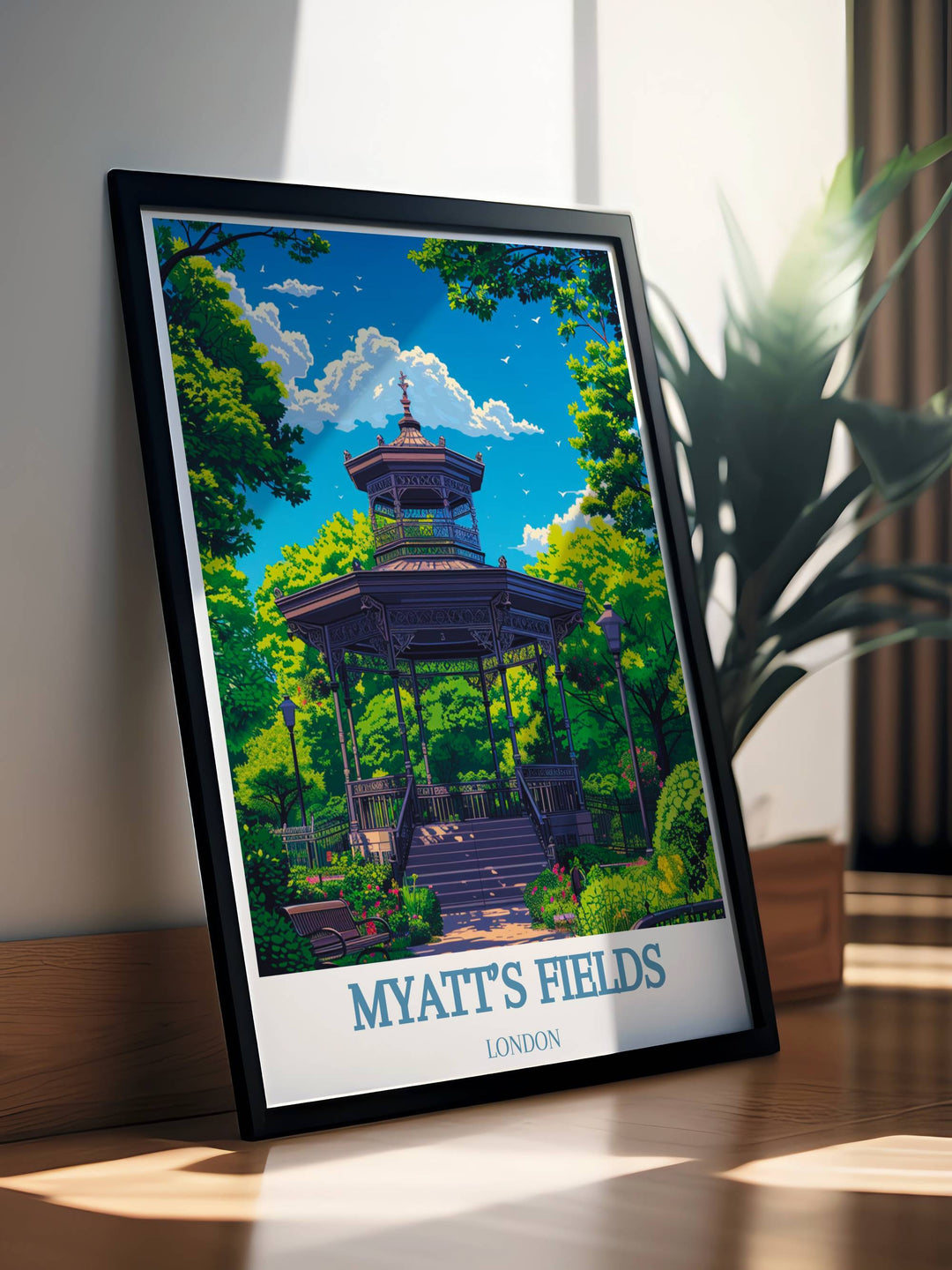 The Bandstand Framed Print with a vintage touch featuring South London parks like Myatts Fields and Camberwell creating a stylish and sophisticated atmosphere