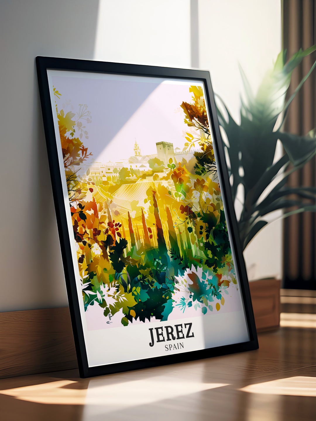 Alcázar de Jerez travel print showcasing the elegance of this ancient fortress. The print captures the spirit of Andalusia and is a perfect addition for those who wish to add a touch of Spains architectural beauty and history to their collection.