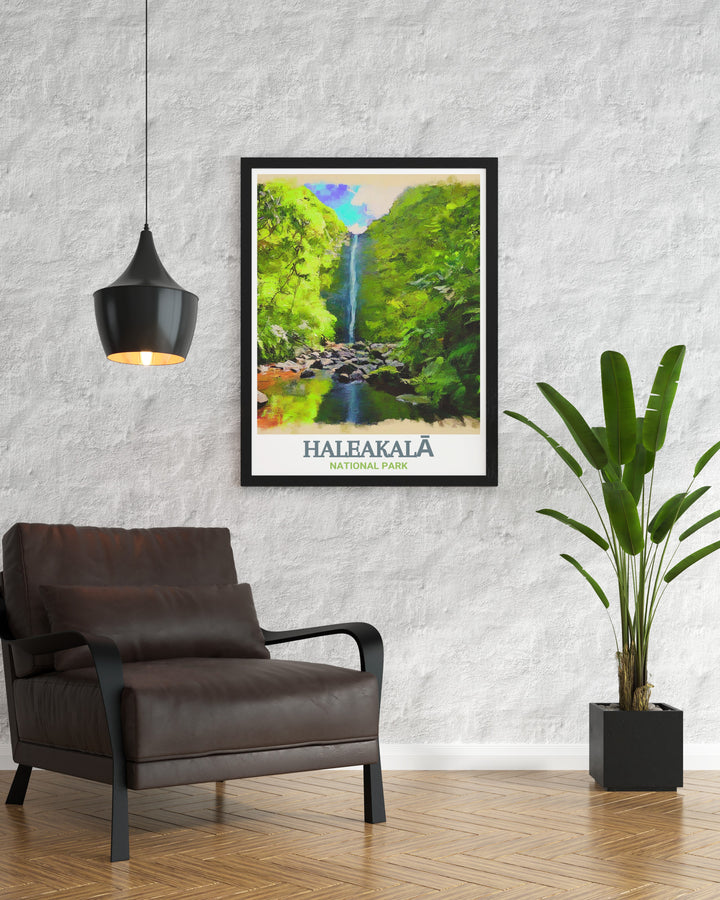 Haleakalā National Park travel poster featuring the breathtaking Kīpahulu District. This beautiful print brings the awe inspiring landscapes and vibrant colors of Kīpahulu into your home, perfect for nature lovers and art enthusiasts alike.