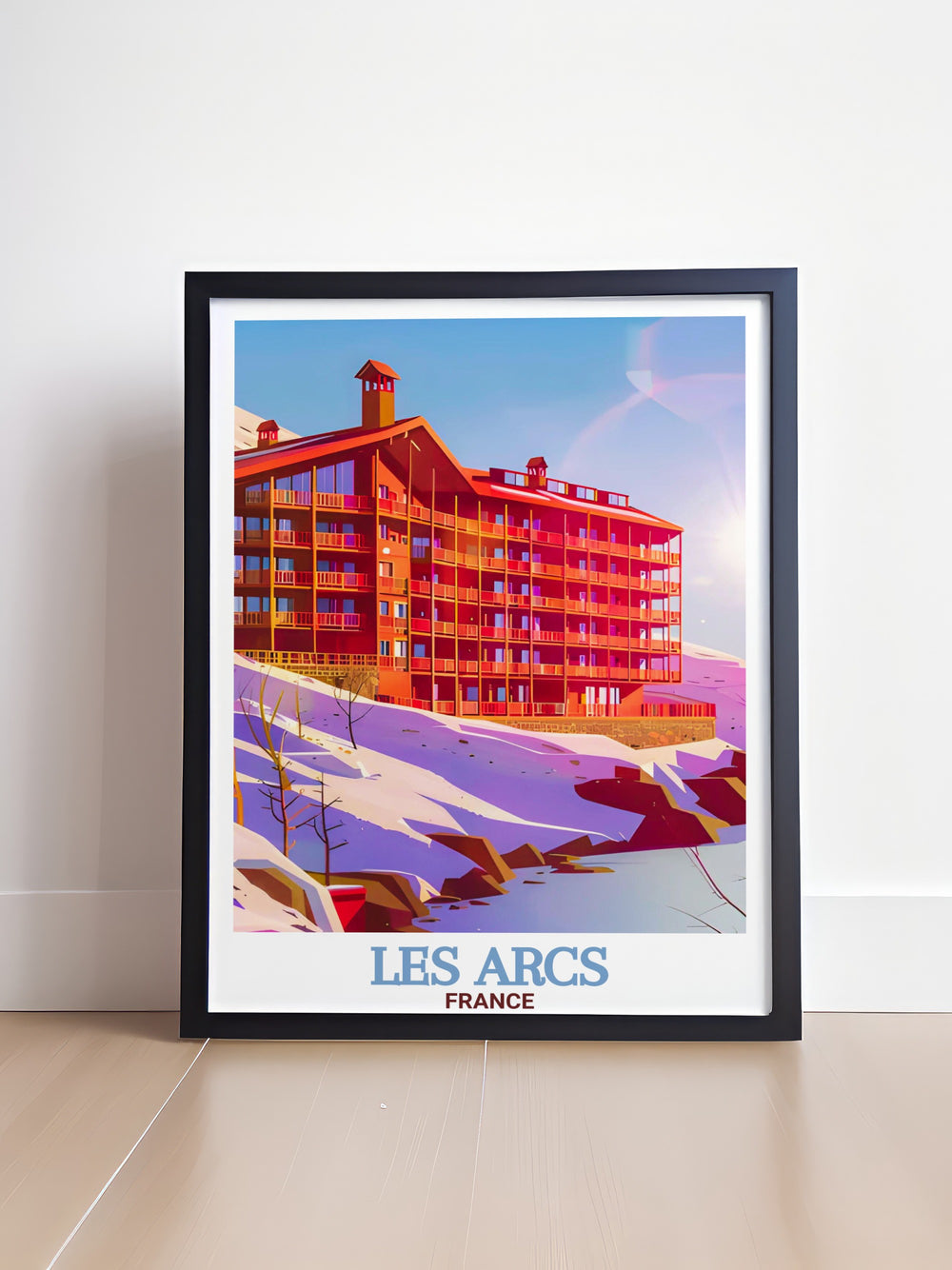 The "Les Arcs Poster Print" showcases a breathtaking view of the French Alps, with snow covered slopes perfect for skiing and snowboarding. Featuring the majestic Aiguille Grive and Paradiski, this travel print brings the thrill of winter sports to life in stunning detail, making it an ideal addition to any wall art collection.