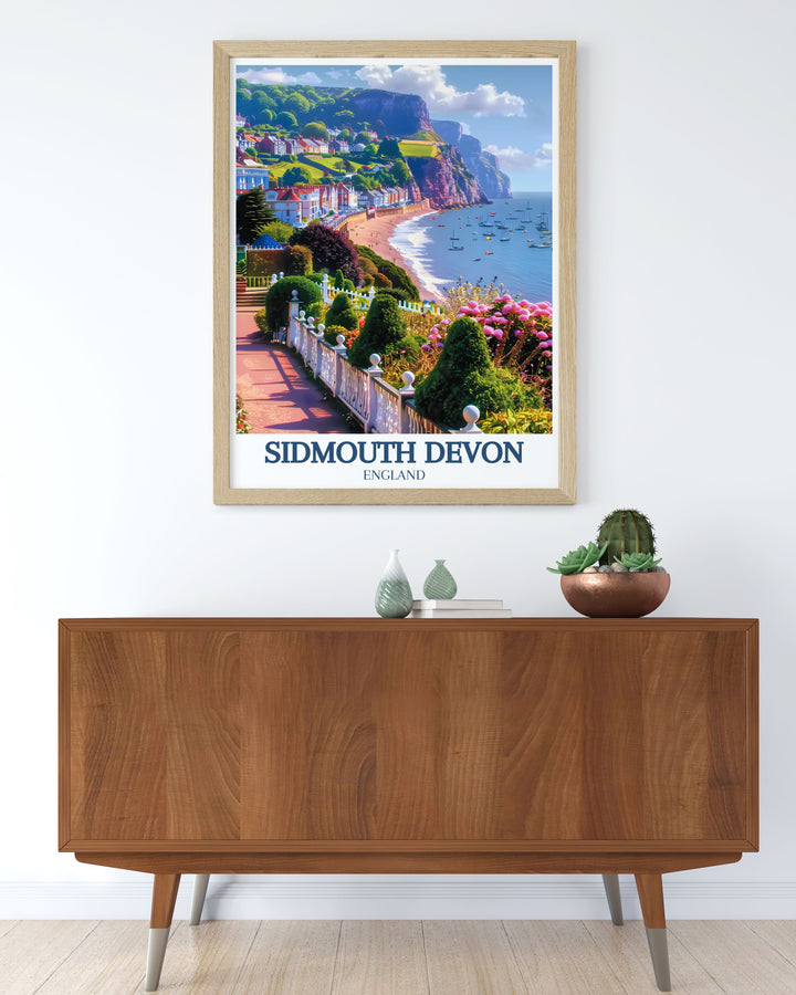 This detailed poster print of Sidmouth Devon highlights the stunning Jurassic Coast and the iconic Esplanade. Perfect for fans of coastal landscapes, this vintage style travel art makes an elegant addition to any art collection or coastal decor.