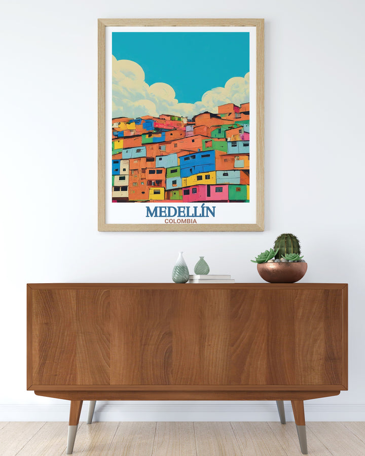 This Medellín Travel Print showcases the cultural transformation of the city through the street art of Comuna 13. Its the perfect piece of wall art for those who love to explore the world through art and design.