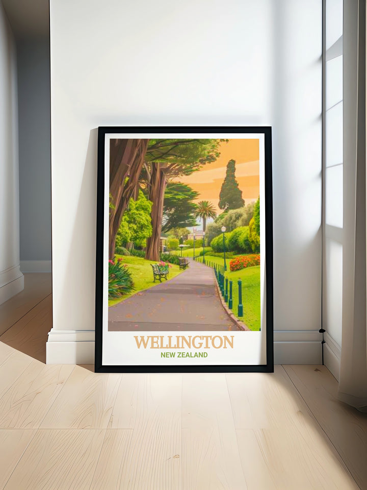 New Zealand travel print highlighting Wellington and its beautiful Botanic Garden. This detailed artwork brings the essence of New Zealands capital into your home, perfect for those who appreciate nature and urban landscapes.