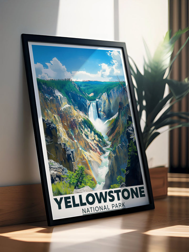 This Yellowstone poster print captures the stunning beauty of Yellowstone Falls, showcasing the powerful cascade of water plunging into the canyon. Ideal for nature lovers, this artwork brings the majesty of Yellowstone National Park into your home or office.