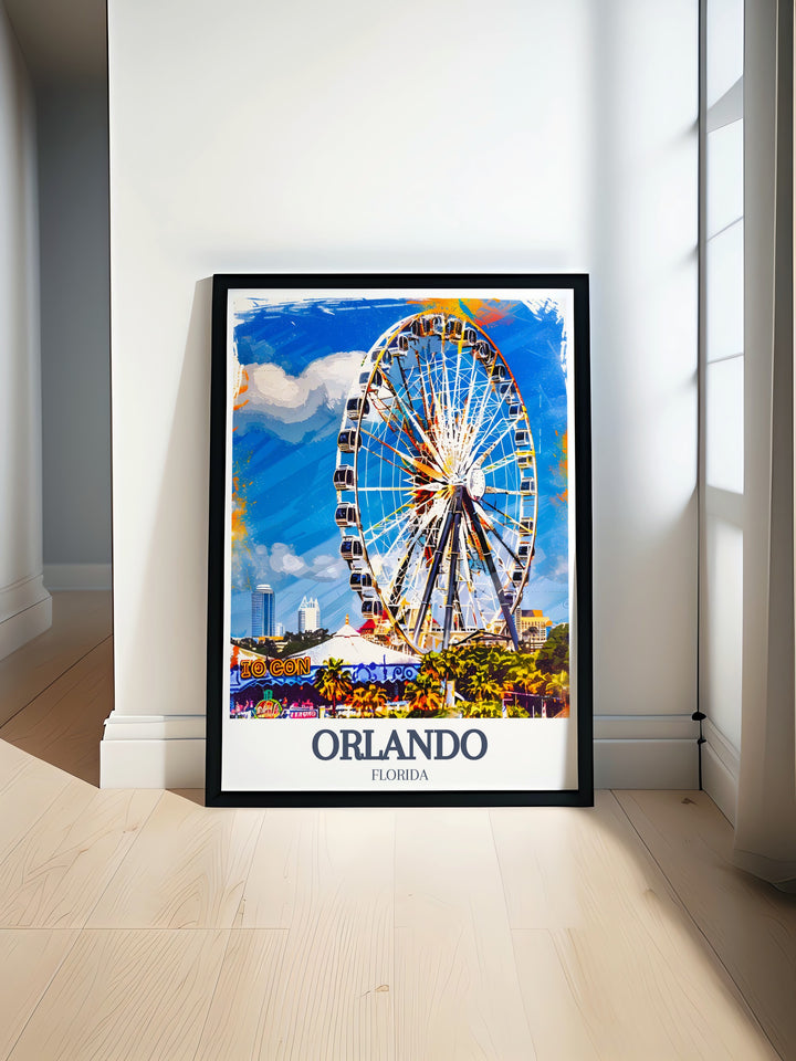 Orlando travel print capturing the magic of Floridas most beloved attractions, including the stunning Orlando Eye at ICON Park. The minimalist design adds a touch of sophistication to any room, making it a perfect gift for those who have experienced Orlandos unique landmarks or simply love travel art.