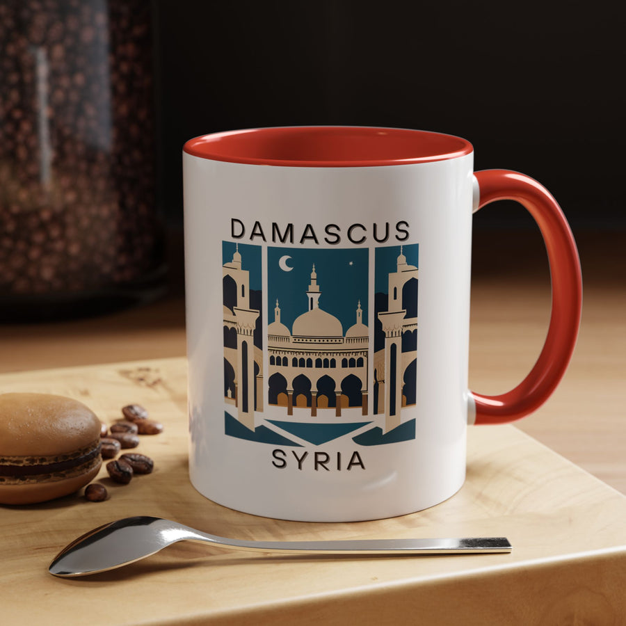 A beautifully designed Damascus Syria mug featuring intricate artwork of the city&