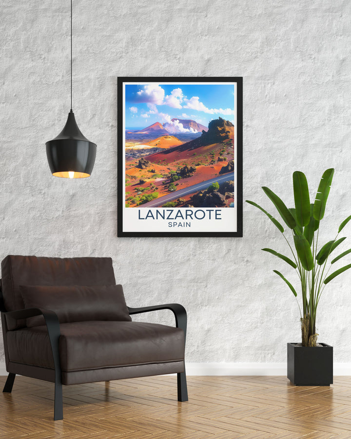 Highlighting the dramatic Fire Mountains, this poster of Timanfaya National Park showcases the striking volcanic peaks and colorful soil, inviting viewers to experience Lanzarotes unique geological wonders, ideal for any nature lovers collection.