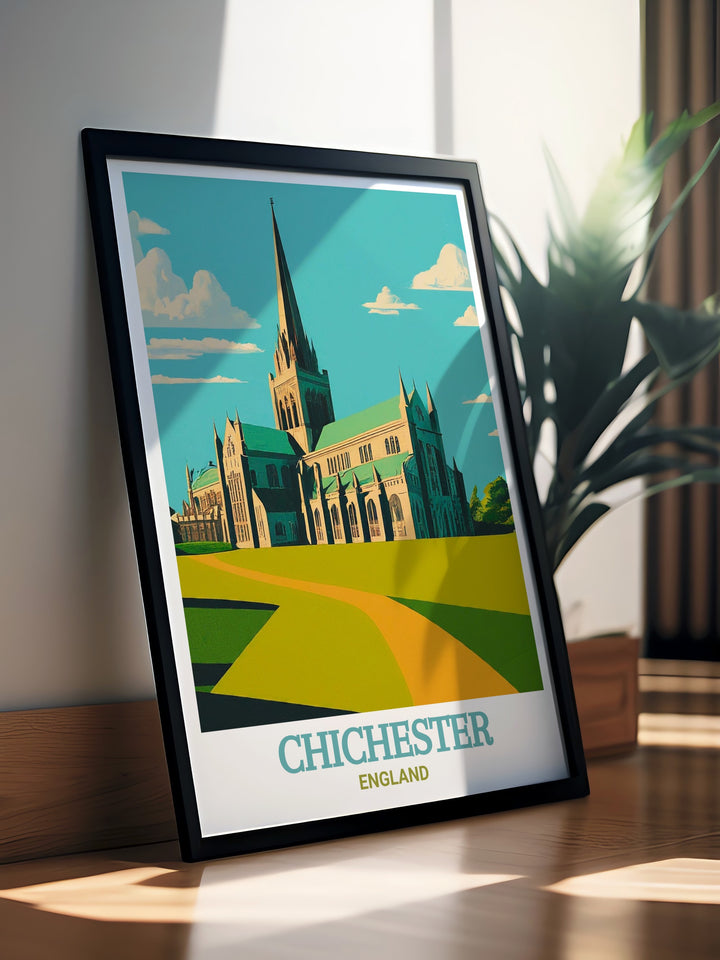 Bring a piece of Englands natural beauty into your home with this Chichester Harbour travel poster, featuring serene coastal views and the picturesque landscape of the AONB.