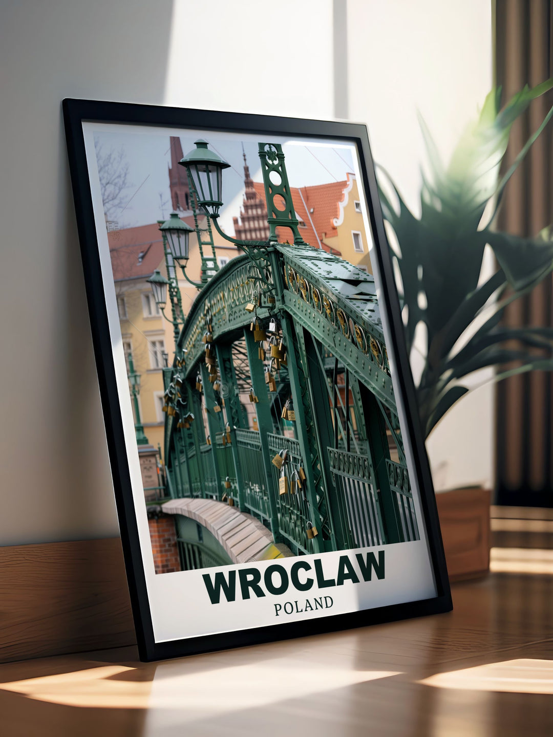 An art print celebrating the historical significance of Wroclaw and the iconic Tumski Bridge. This piece highlights the bridges romantic charm, adorned with locks placed by couples, making it a delightful gift for anyone who cherishes love and travel.