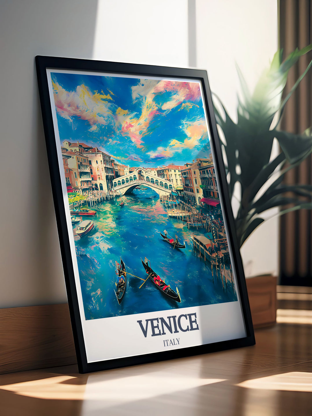 Celebrate the beauty of Venice with this travel poster showcasing the Rialto Bridge and Grand Canal. This wall art is a must have for anyone who loves Italys historic cities, offering a glimpse of Venices stunning waterways.