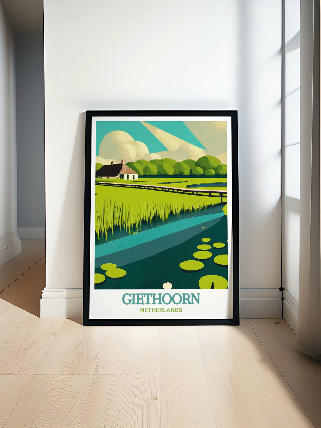 Experience the charm of Giethoorn and Weerribben Wieden National Park with this Netherlands travel poster. The detailed depiction of the villages iconic canals and the vast, lush landscapes of the national park makes this artwork a standout piece for any space.