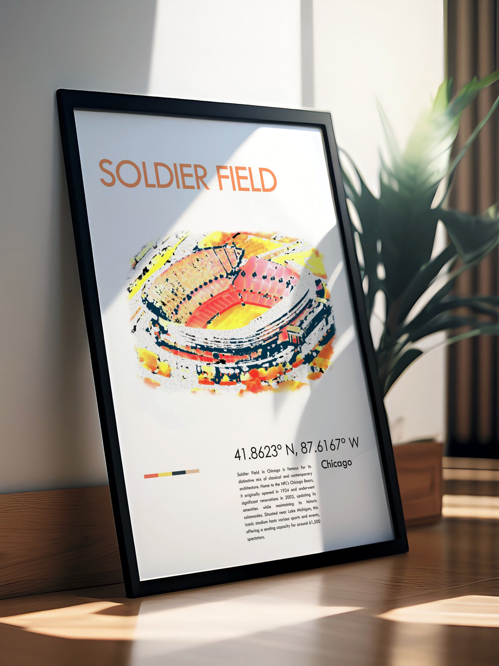 Soldier Field poster print featuring the iconic Chicago Bears stadium. Perfect for football fans and sports enthusiasts. Vintage NFL art capturing the spirit of Chicago football history. Ideal wall art for home or office décor and a great gift idea