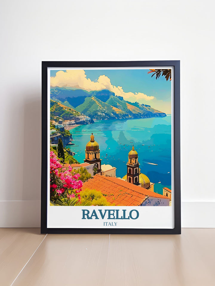 Italian Riviera print with Villa Rufolo Amalfi coast bringing Mediterranean charm into your home. This travel souvenir is perfect for those who love coastal wall art and minimalist designs, offering a unique and stylish decor option