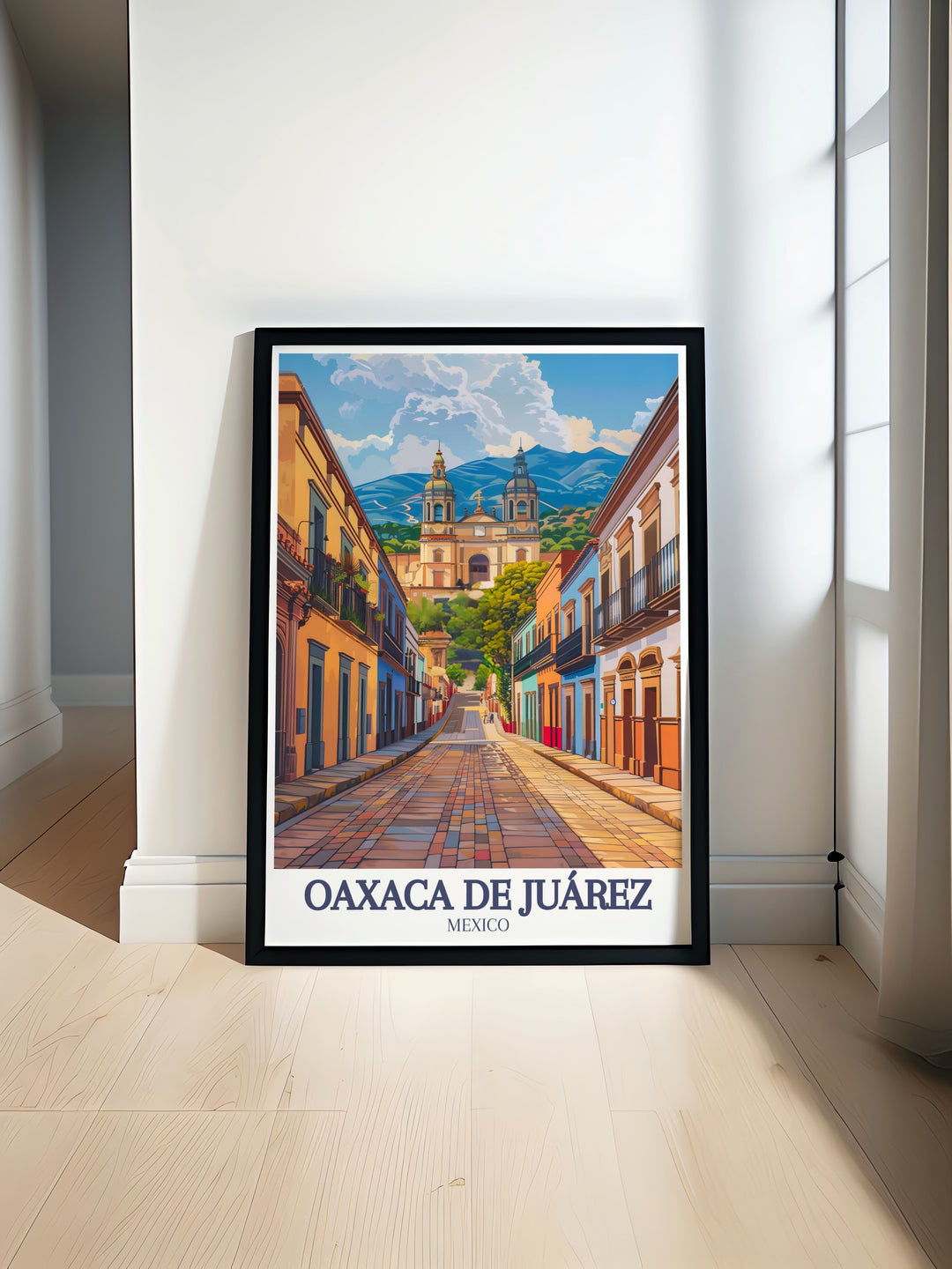 Bringing together the history of Santo Domingo Church and the modern vibrancy of Calle Macedonia Alcalá, this Oaxaca de Juárez travel print is a stunning representation of Mexicos cultural heritage. A perfect gift for travelers and art lovers.