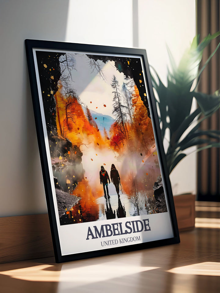 Vintage travel poster of Ambleside, England, highlighting the picturesque Rydal Cave, ideal for adding a touch of natural mystique to any space.