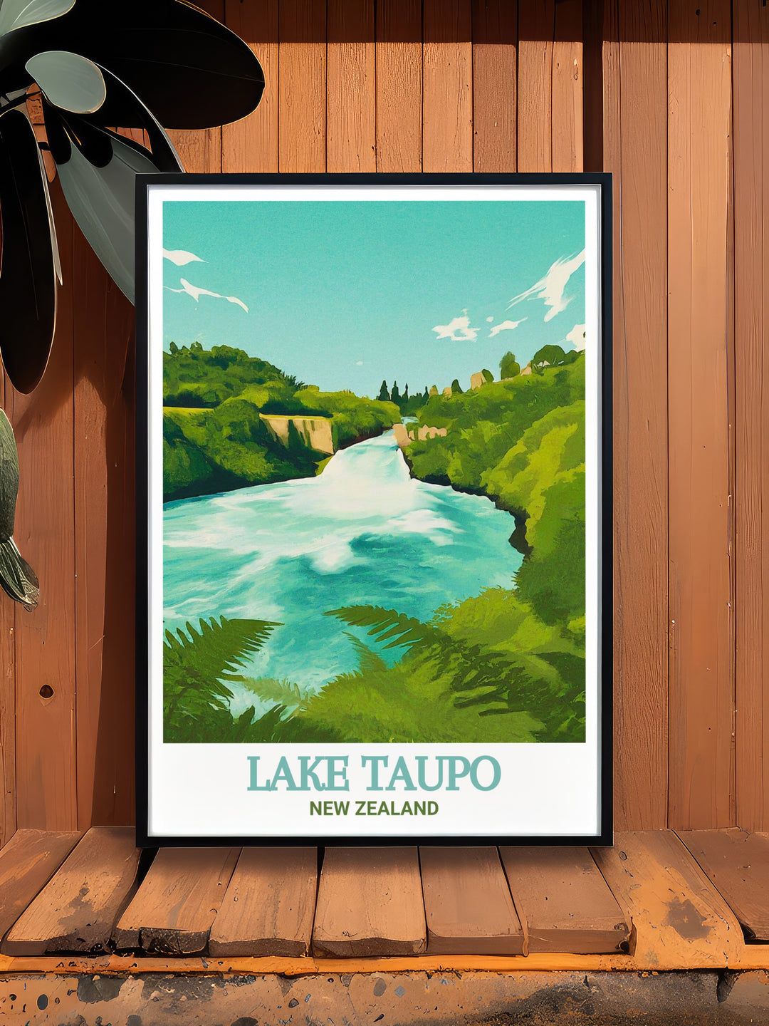 Lake Taupo Wall Print illustrating the peaceful morning mist rising over the calm waters of Lake Taupo, contrasted by the vibrant and energetic flow of Huka Falls, creating a balanced and captivating artwork that brings depth and serenity to any room in your home.