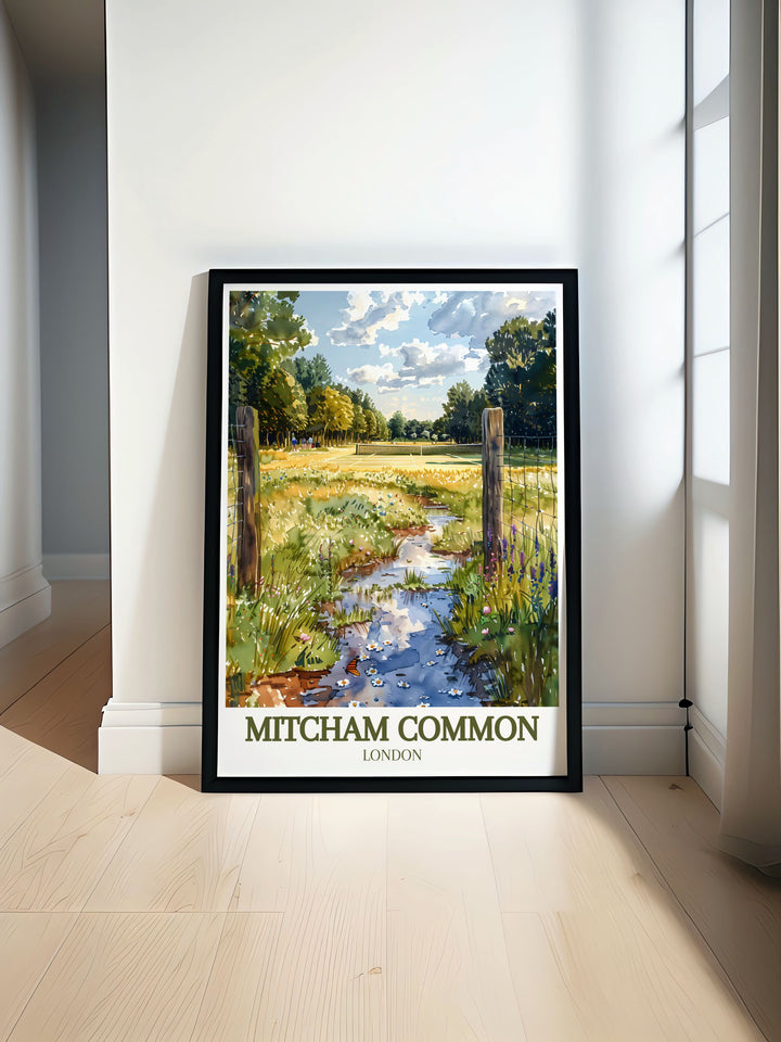 Mitcham common pond modern prints bring the peaceful charm of South London into your home perfect for enhancing your living room decor with elegant wall art these prints showcase the serene beauty of Mitcham common pond creating a tranquil ambiance