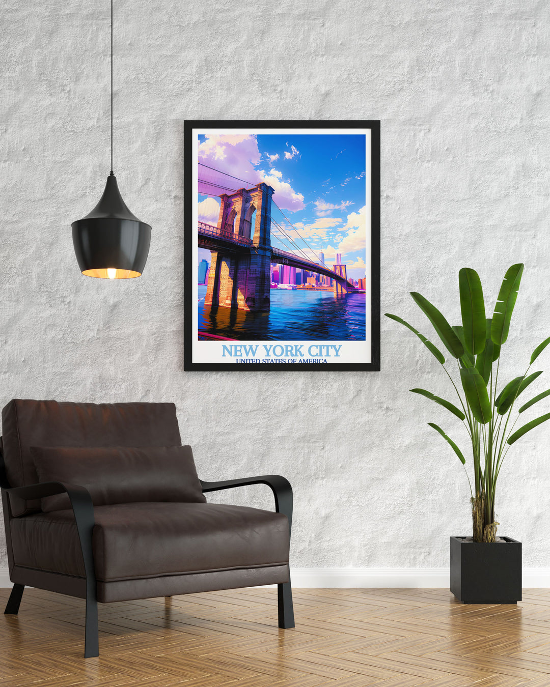 Stunning New York skyline watercolour featuring the Brooklyn Bridge ideal for travel gifts and modern decor pieces in any room