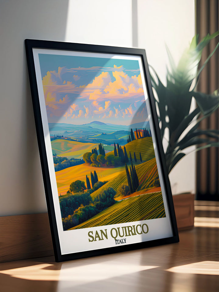 San Quirico Archway Colorful Wall Art brightens up any space with its bold design. Paired with Val dOrcia Hills stunning prints it offers a balanced and elegant decor arrangement. Perfect for personalized gifts or adding a touch of Italy to your home decor.