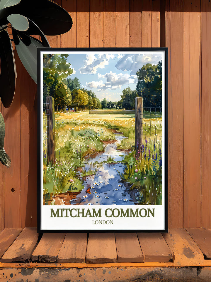 Enhance your home decor with Mitcham common pond modern prints showcasing the tranquil waters and lush greenery of this South London landmark perfect for any room these prints bring a touch of nature and elegance to your living space