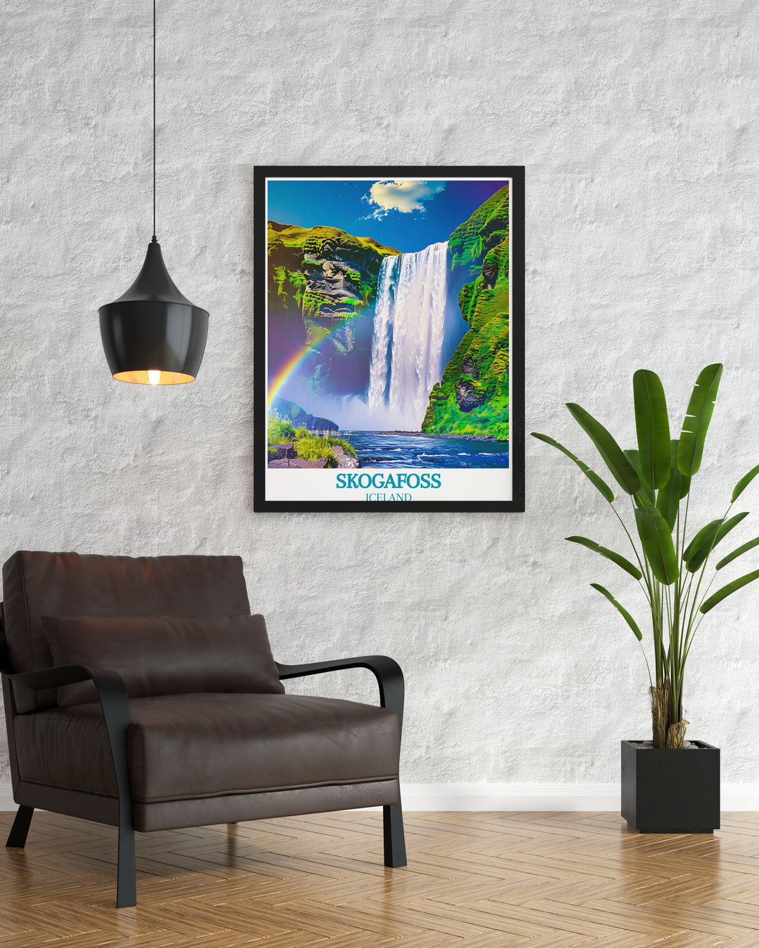 Uncover the scenic beauty of Skogafoss with this detailed art print, highlighting the waterfalls impressive drop and the vibrant colors of the rainbow.