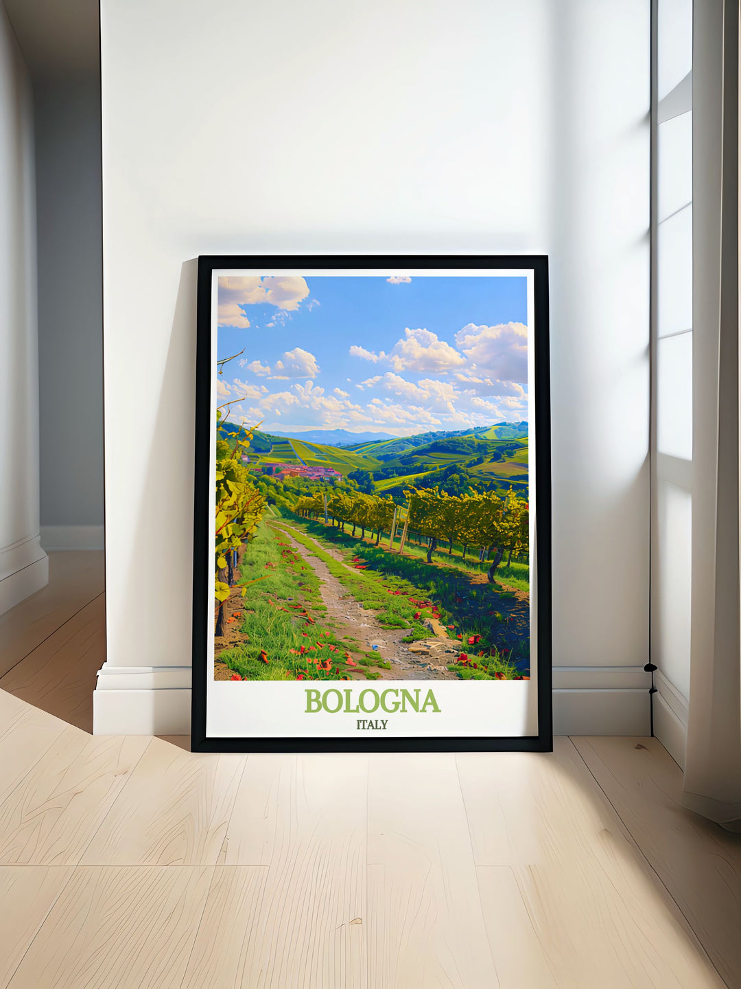 Captivating Bologna travel poster featuring the historic architecture and scenic landscapes of Colli Bolognesi, perfect for adding Italys cultural and natural charm to your decor.