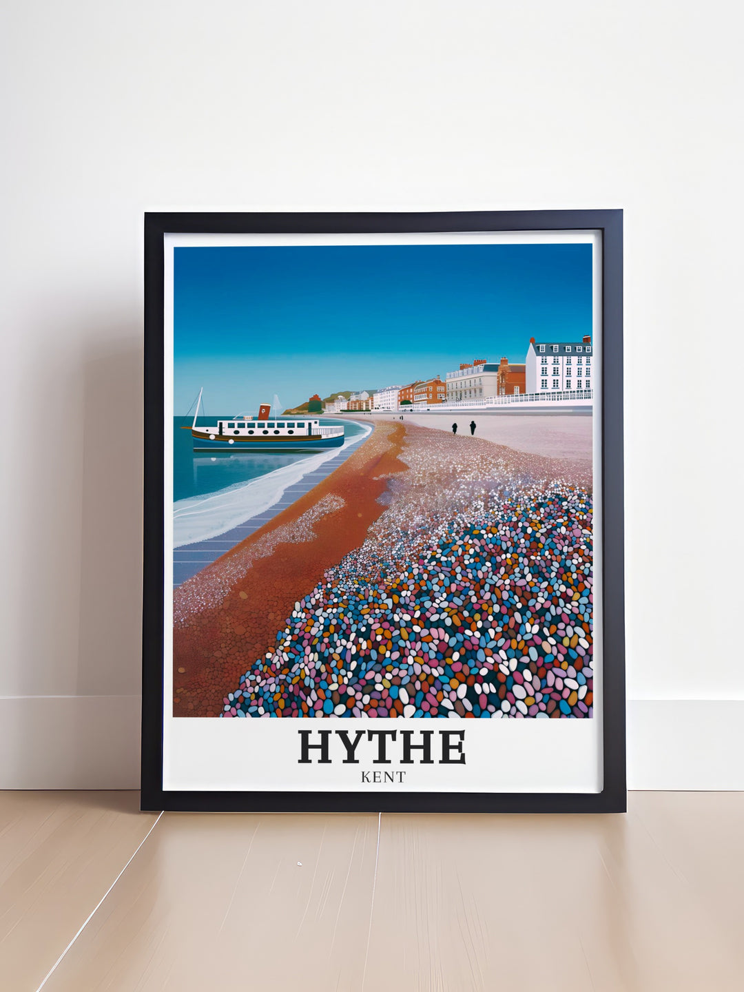 Add the tranquil beauty of Hythe Beach and Hythe Seafront to your home with this modern Kent travel print. The elegant artwork is ideal for living rooms and offers a stunning view of the British coastline.