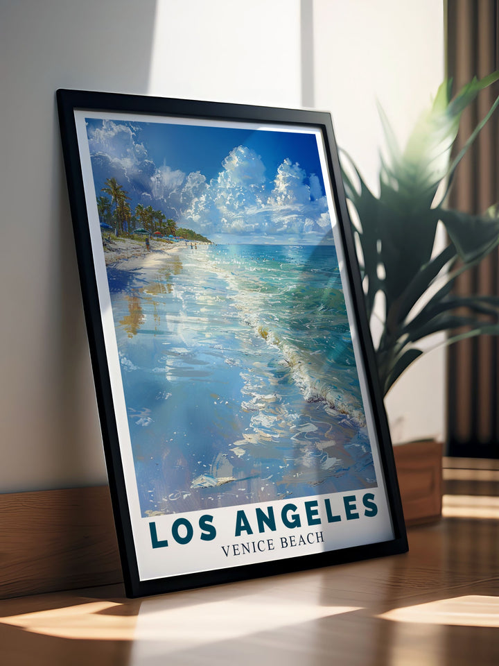 Highlighting the bohemian charm of Venice Beach, this poster features its colorful murals and bustling boardwalk, ideal for those who love eclectic and lively beach destinations.