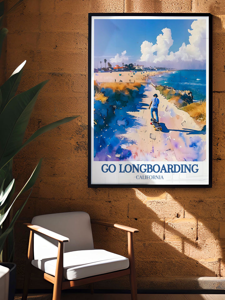Gallery wall art featuring longboarders at Venice Beach, capturing the freedom and excitement of skating, perfect for enhancing your living space with a touch of adventure.